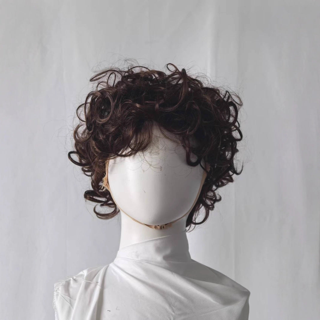 Men's full head synthetic wig, men's natural fluffy short curly hair