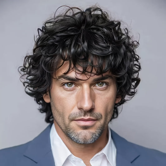 Men's full head synthetic wig, men's natural fluffy short curly hair