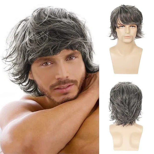 Men's short hair with upturned and slanted bangs, men's synthetic headband style wig