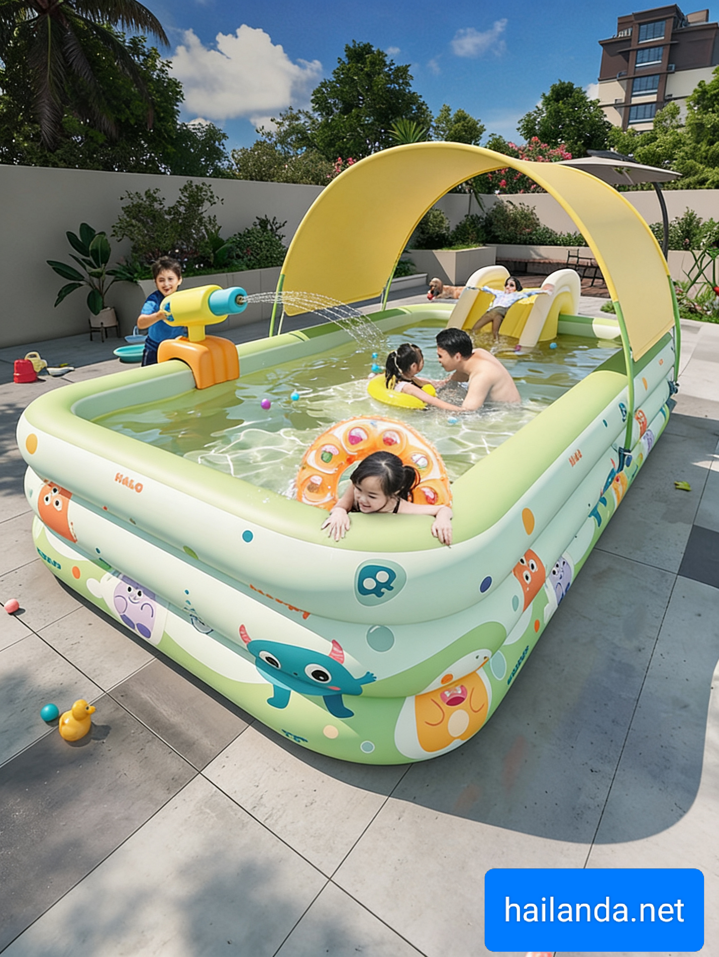 Children's home swimming pool and water slide sunshade supporting equipment
