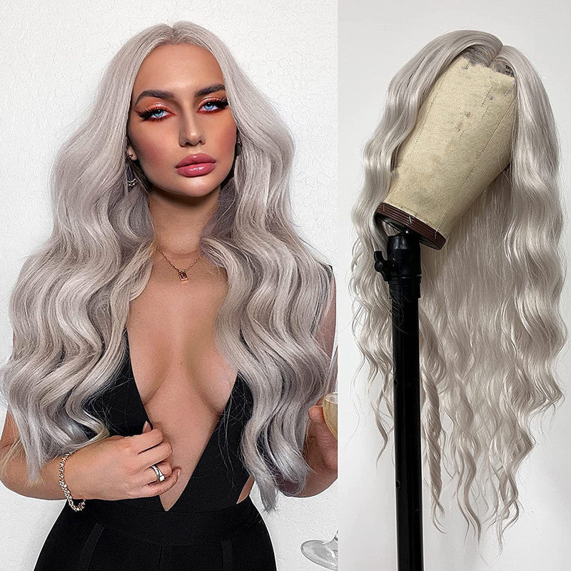 13x4 women's wig high temperature silk full head cover    Women's mid split large wave long curly hair headband