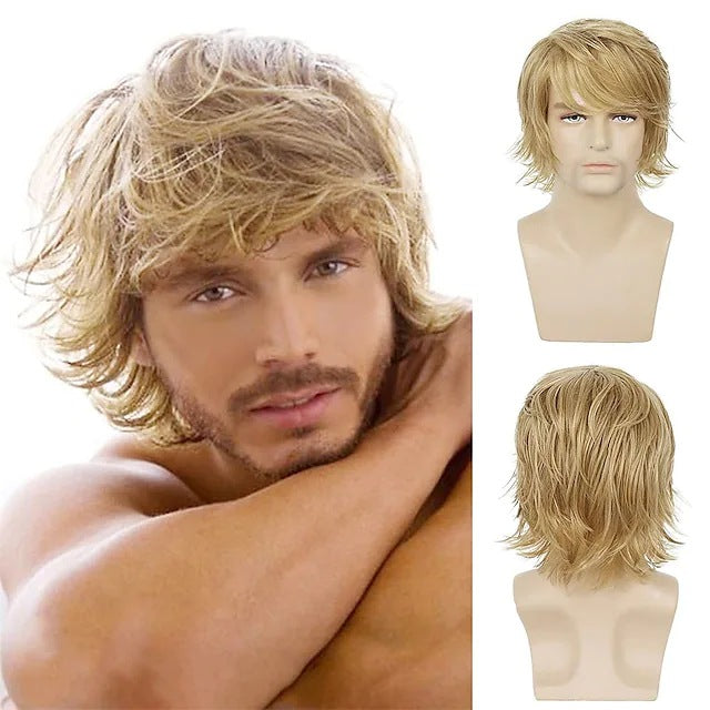 Men's short hair with upturned and slanted bangs, men's synthetic headband style wig