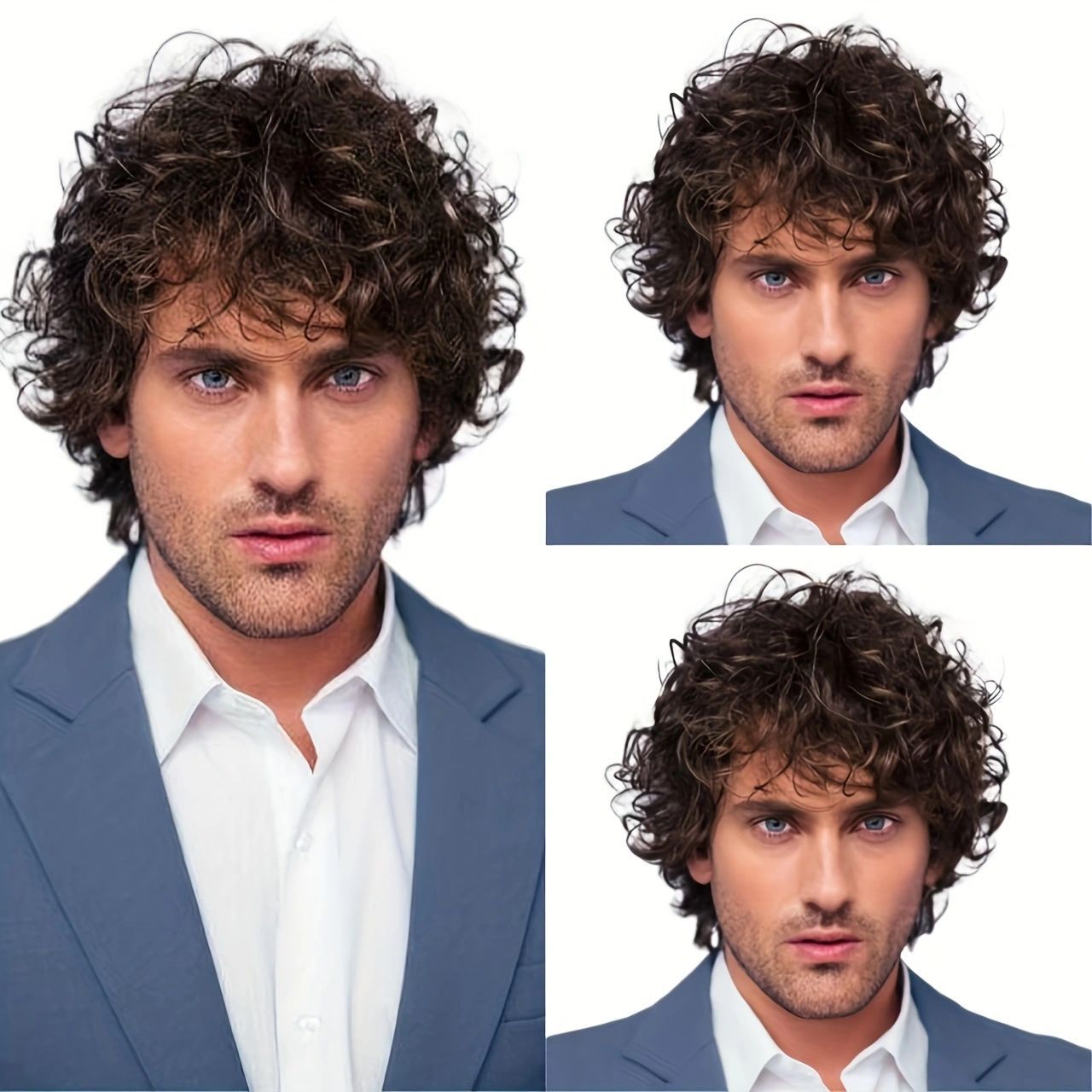 Men's full head synthetic wig, men's natural fluffy short curly hair