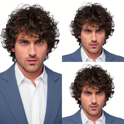 Men's full head synthetic wig, men's natural fluffy short curly hair