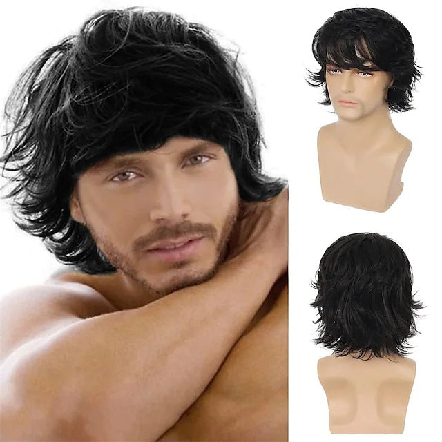 Men's short hair with upturned and slanted bangs, men's synthetic headband style wig