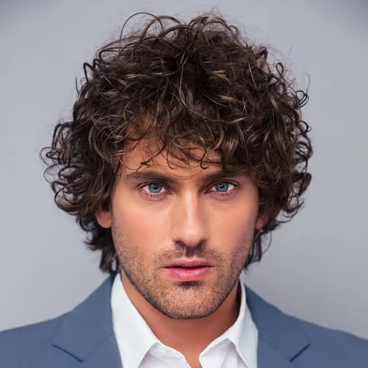 Men's full head synthetic wig, men's natural fluffy short curly hair
