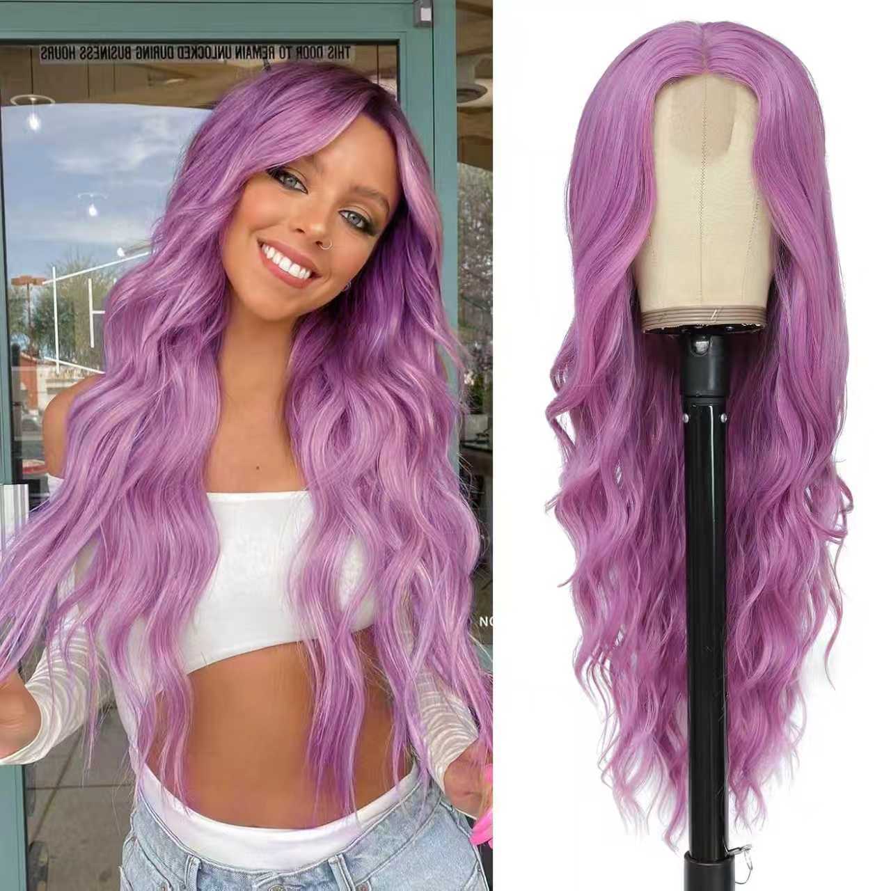 13x4 women's wig high temperature silk full head cover    Women's mid split large wave long curly hair headband