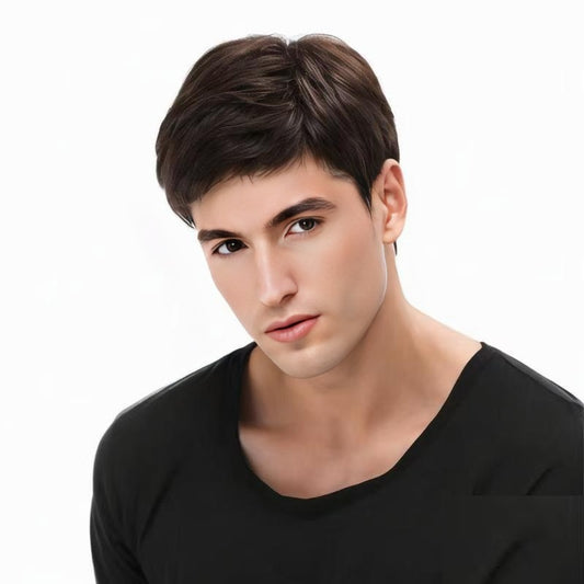 Men's handsome diagonal bangs, short straight hair