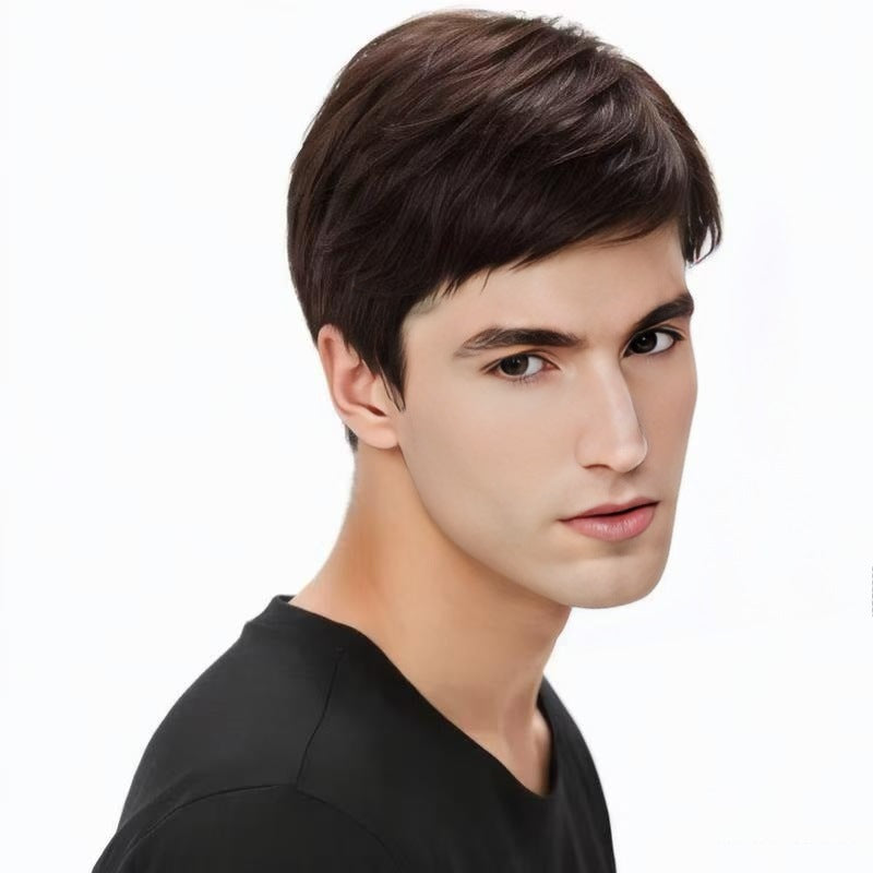 Men's handsome diagonal bangs, short straight hair