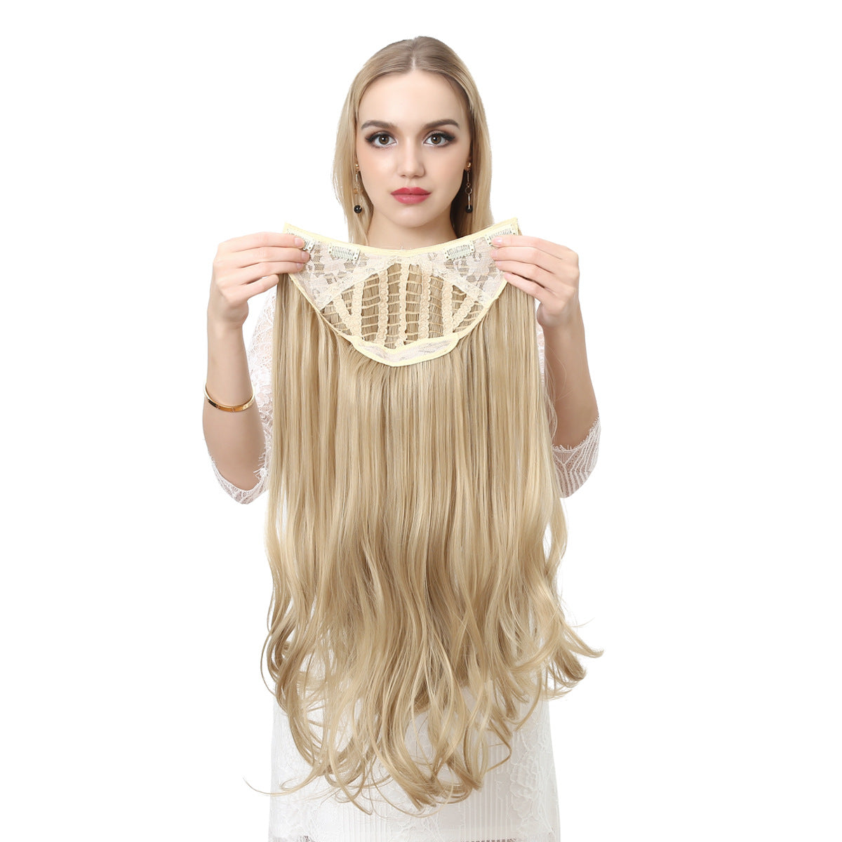 Invisible and seamless U-shaped half head cover with long curly hair wig piece