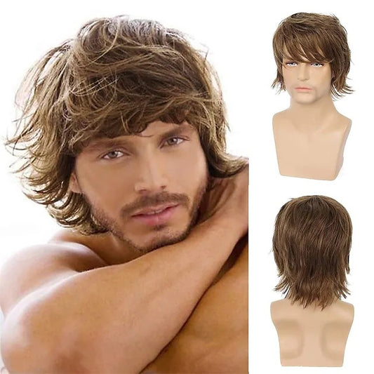 Men's short hair with upturned and slanted bangs, men's synthetic headband style wig