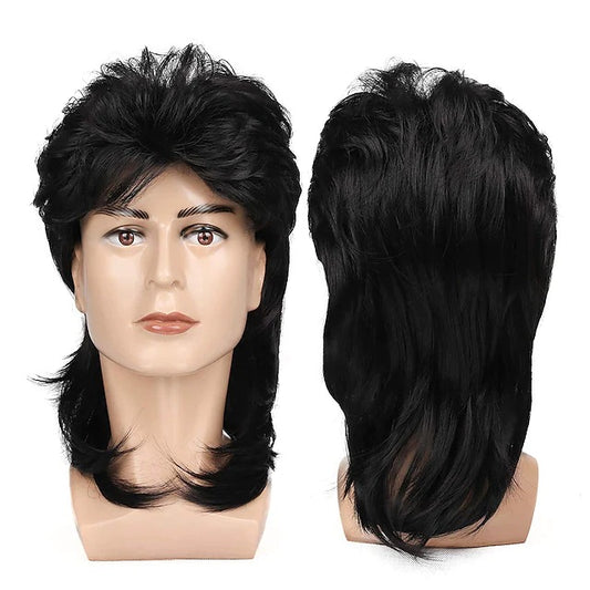 Men's black fish curly hair wig