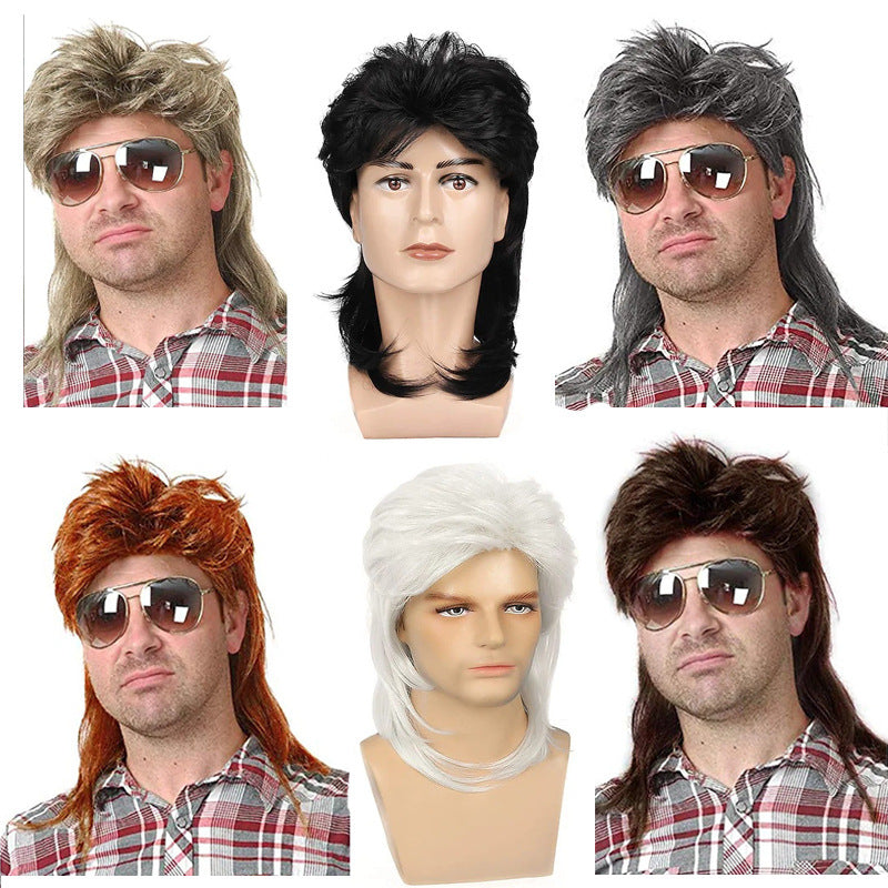 Men's black fish curly hair wig