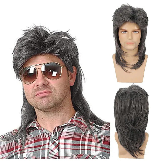 Men's black fish curly hair wig