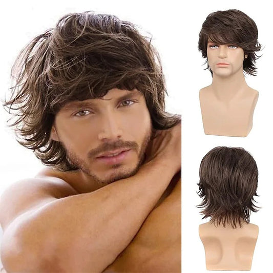 Men's short hair with upturned and slanted bangs, men's synthetic headband style wig