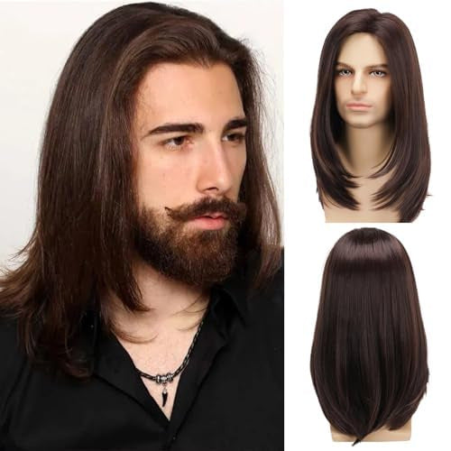 Men's high-temperature silk shawl medium long wig